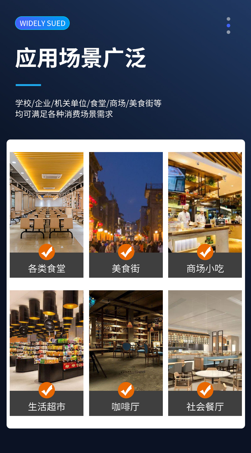 應用場景廣泛,學校、企業(yè)、機關(guān)單位、食堂、商場、美食街等,均可滿足各類消費場景需求