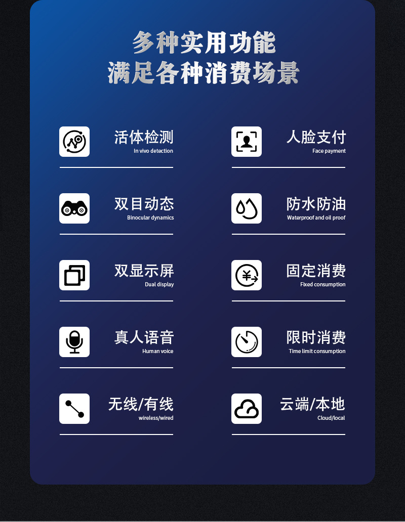 多種消費(fèi)實(shí)用功能，人臉支付、活體檢測(cè)、防水防油、固定消費(fèi)