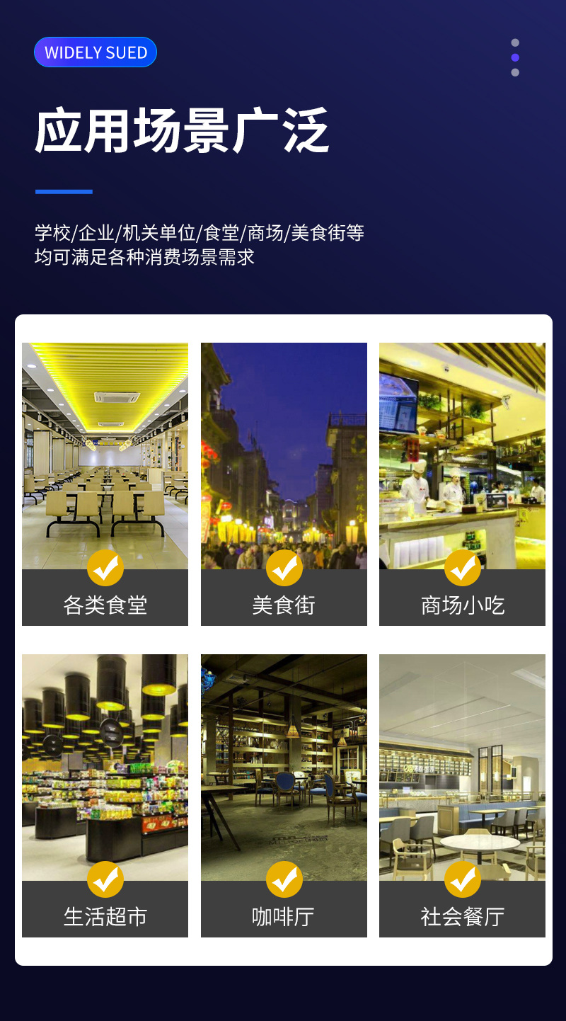 適用多種消費(fèi)場(chǎng)景，食堂、美食街、商場(chǎng)、超市、餐廳
